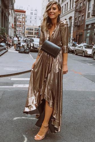 Metallic Shine Ruffled V Neck Maxi Party Dress