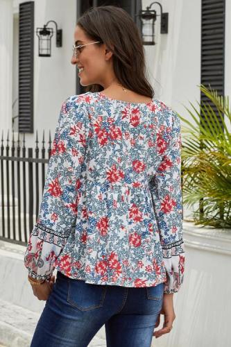 Red Floral Vintage V Neck Blouse