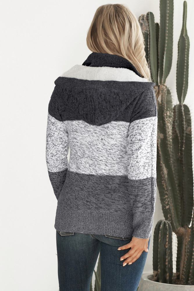 Gray Hooded Button Cable Knit Cardigan