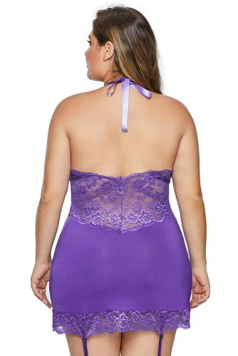 Purple V Neck Halter Open Back Plus Size Chemise