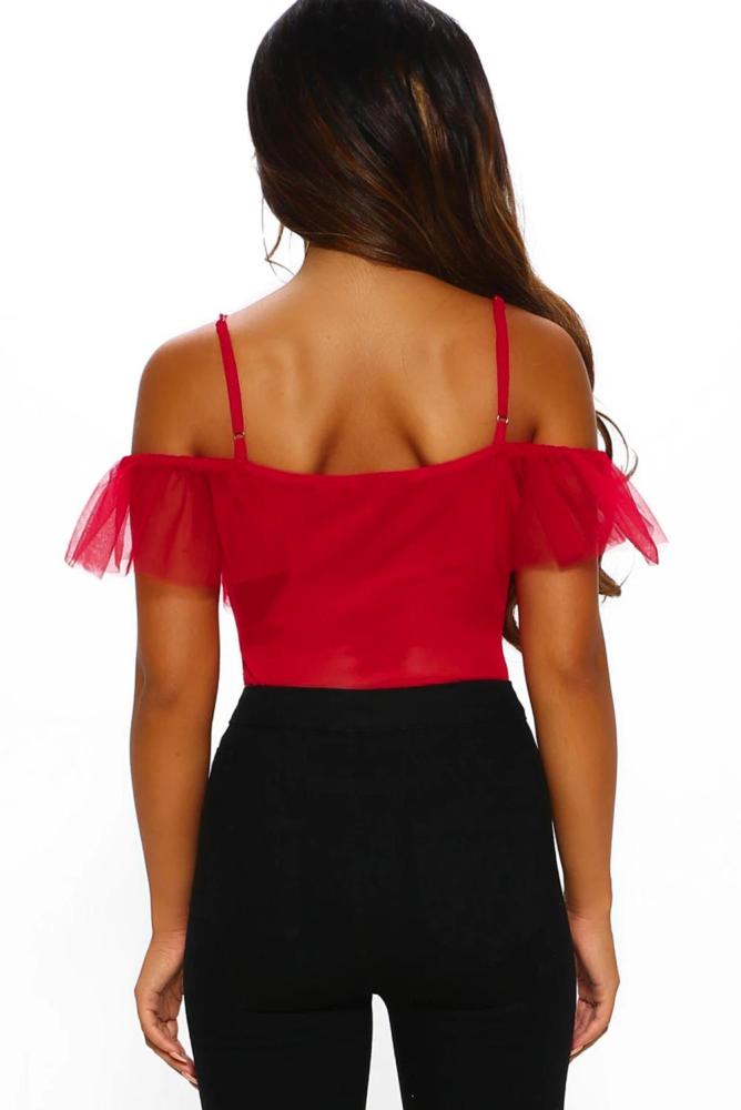 Red Tulle Mesh Thong Bodysuit