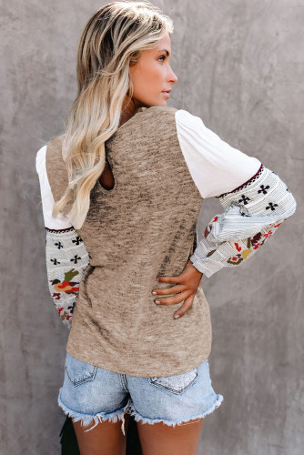 Khaki Contrast Printed Sleeve Knit Sweatshirts