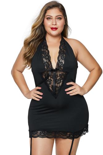 Black V Neck Halter Open Back Plus Size Chemise