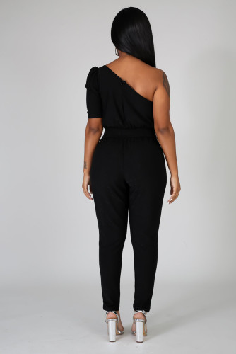 Black One Shoulder Short Sleeve Jumpsuit
