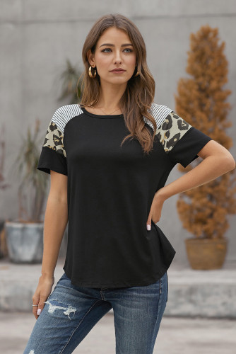 Black Striped Leopard Print Short Sleeve Women T-shirt