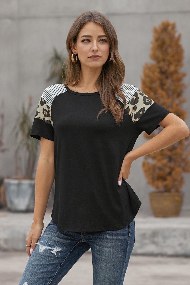Black Striped Leopard Print Short Sleeve Women T-shirt