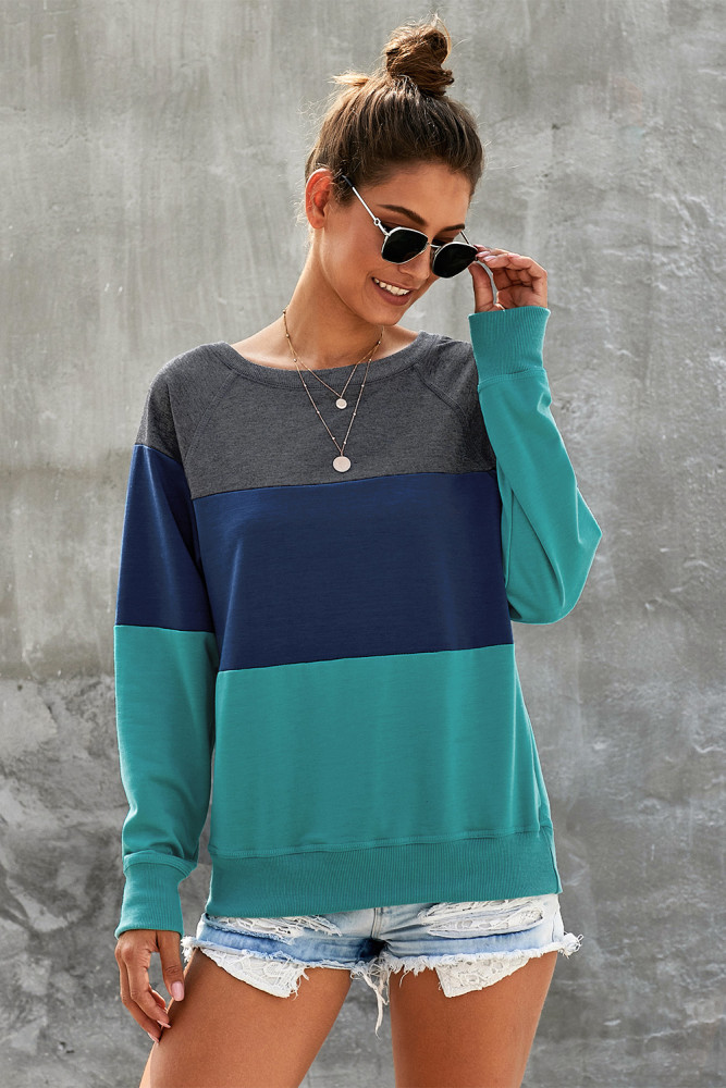Green Raglan Sleeve Color Block Pullover Sweatshirt