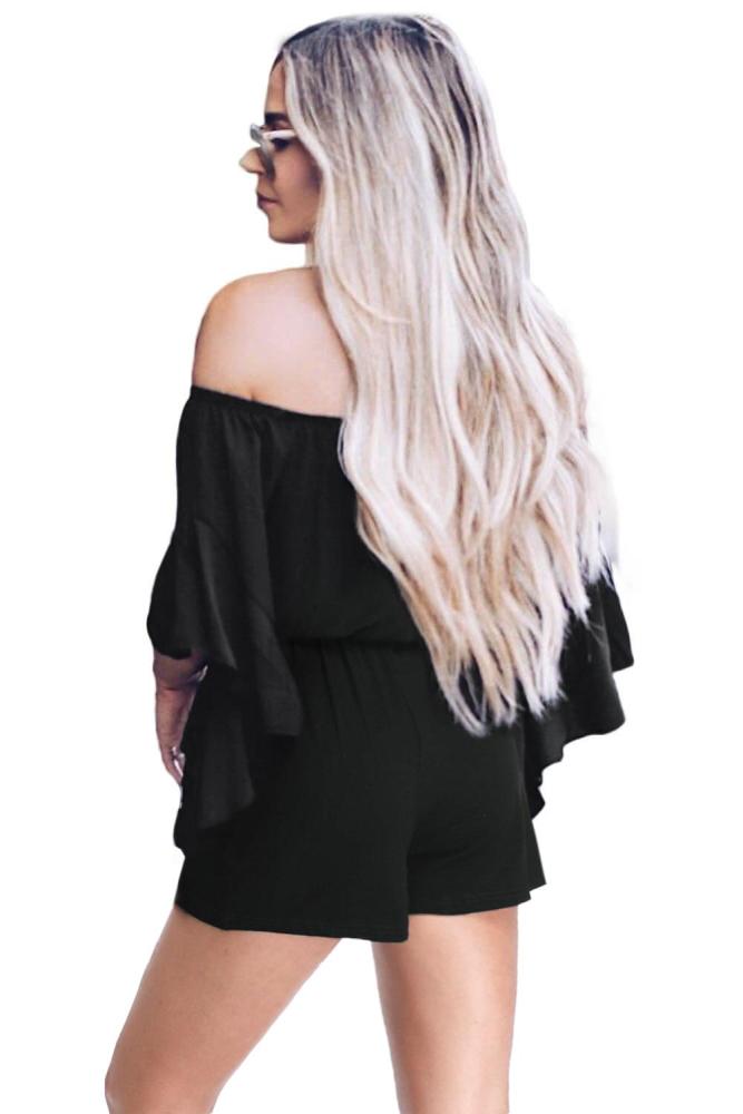 Black Bell Sleeve Off Shoulder Front Tie Knot Romper