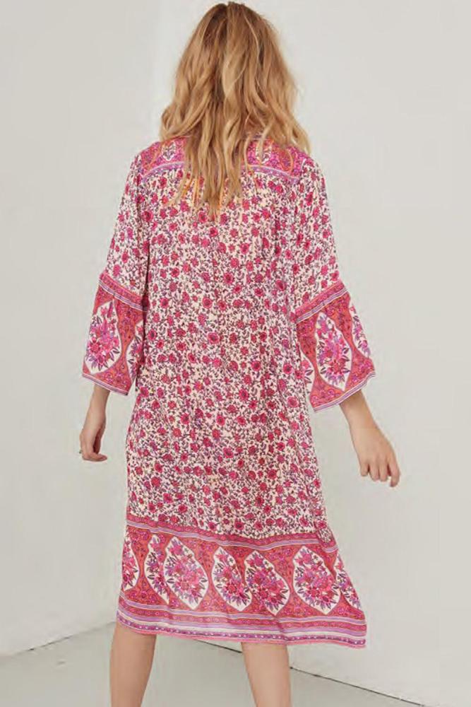 Pink Three-Quarter Sleeve Mid-Calf Print Dress