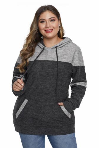Black Color Block Pullover Plus Size Hoodie with Pocket