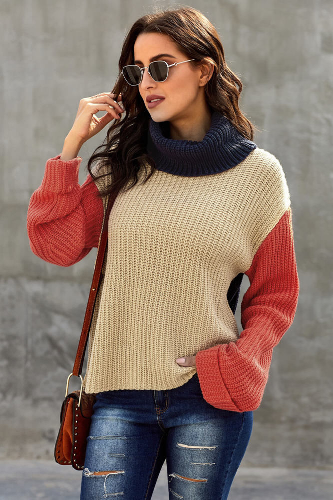 Orange Long Sleeve Turtleneck Color Block Pullover Knit Sweater
