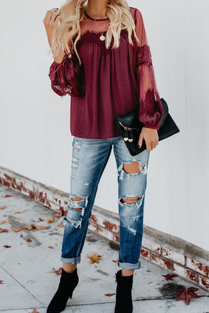 Red Fashion Lantern-Sleeve Lace Patchwork Top