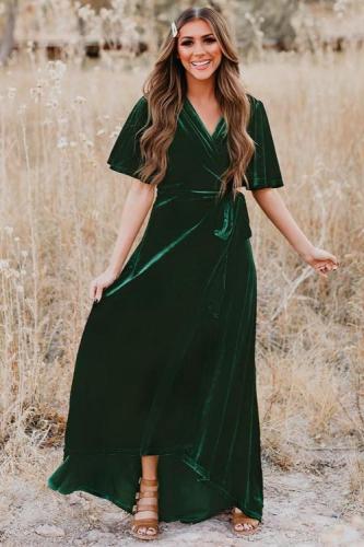 Green Velvet Pleated Wrap Tie Waist Maxi Dress