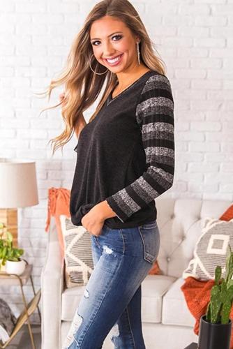 Black Striped Sleeve Twist Detail Top