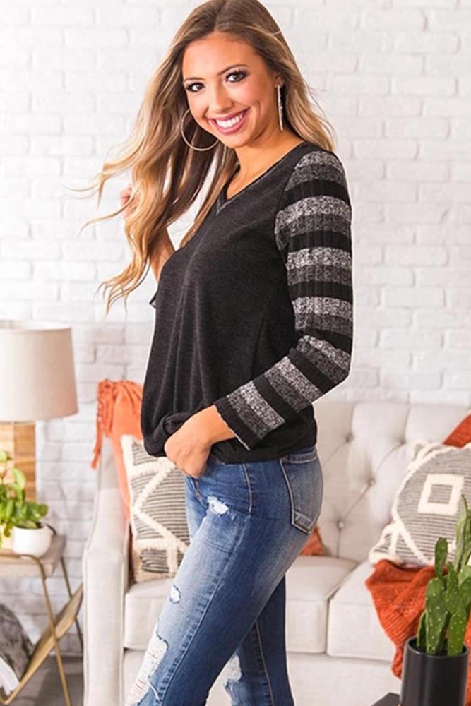 Black Striped Sleeve Twist Detail Top
