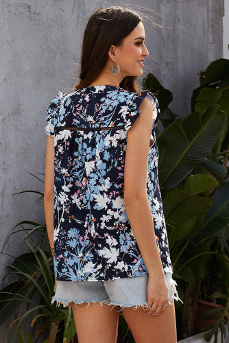 Blue Ruffled Cap Sleeve Printed Split Neck Tank Top