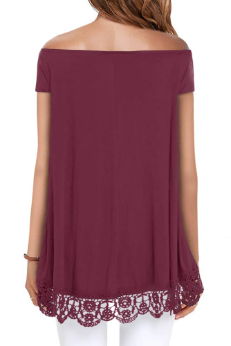 Red Off Shoulder A-Line Lace Trim Blouse