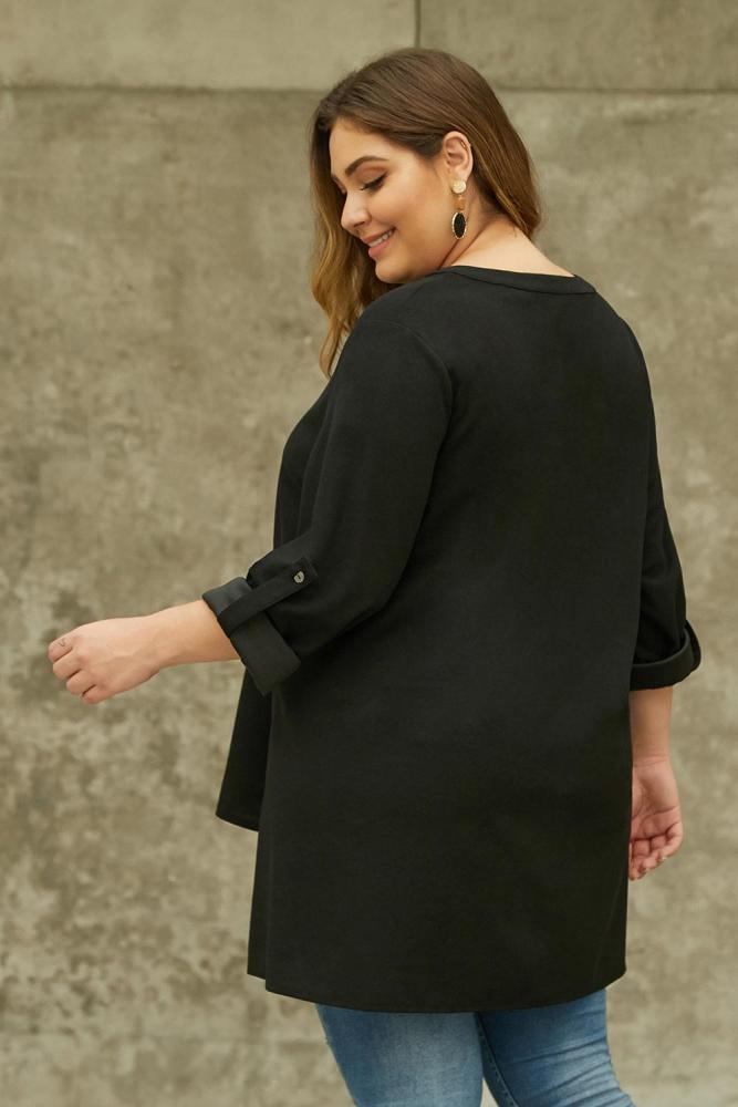 Black V Neck Tab Roll up Sleeve Slits Plus Size Top