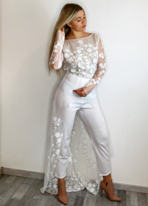 White Perspective Lace Long Tail Party Jumpsuit