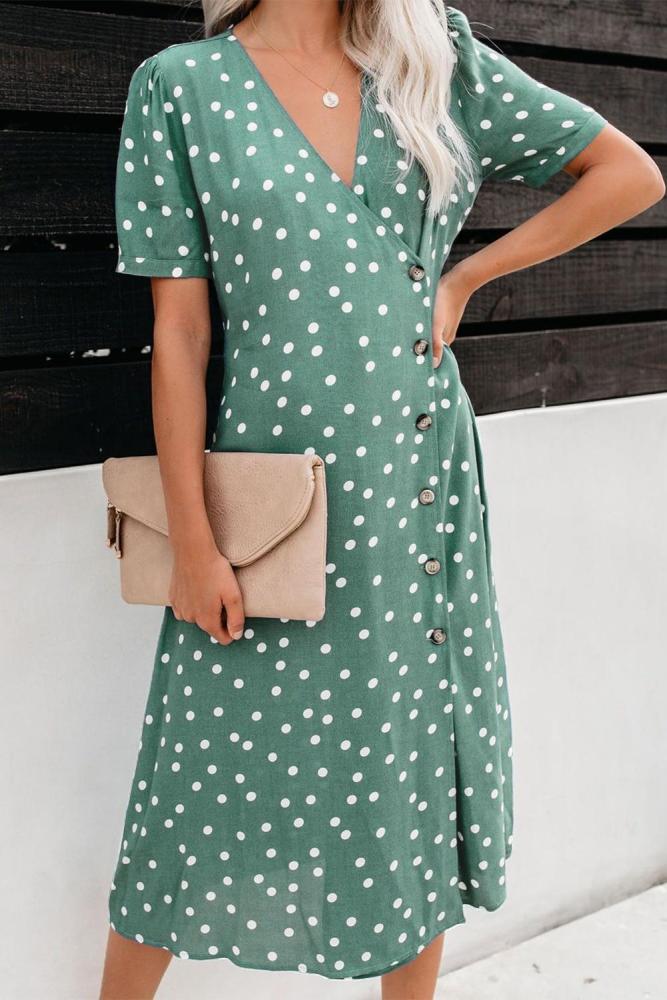 Green Polka Dot Button Down Aside Midi Dress