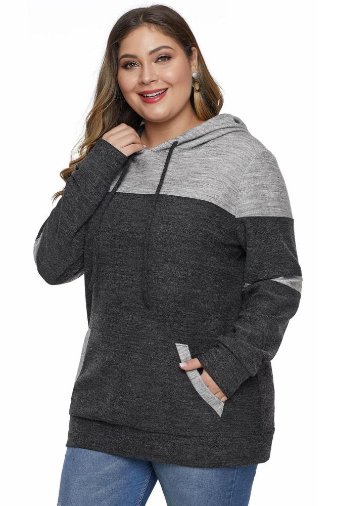 Black Color Block Pullover Plus Size Hoodie with Pocket