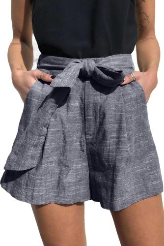 Blue Tie Waist Casual Linen Shorts with Pockets