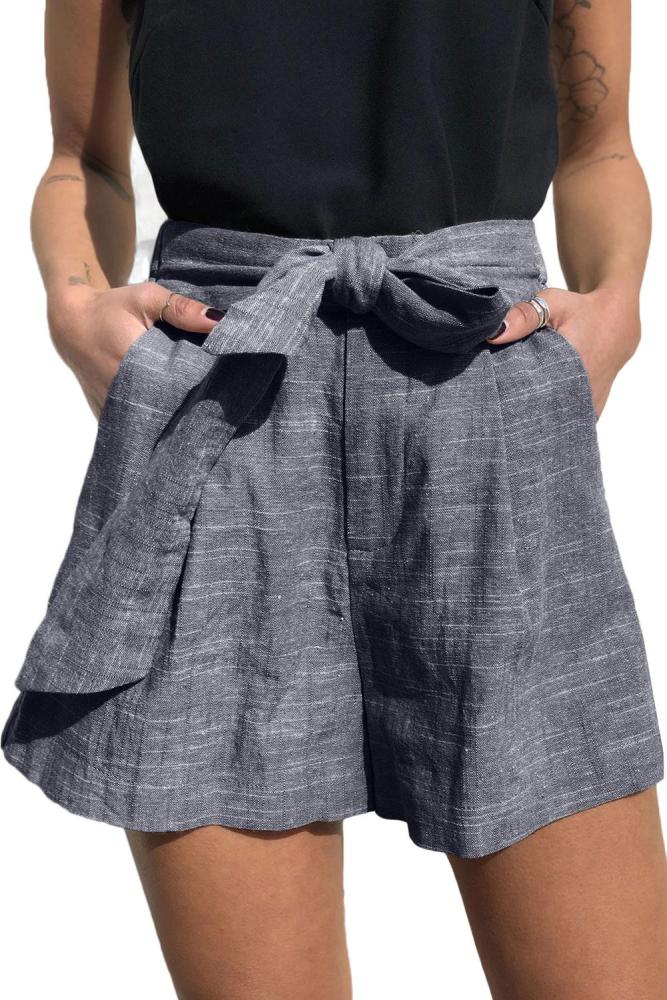 Blue Tie Waist Casual Linen Shorts with Pockets