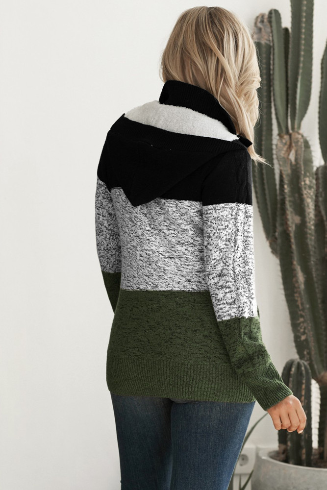 Green Hooded Button Cable Knit Cardigan