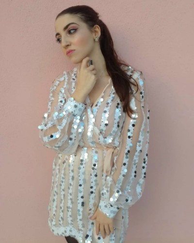 Apricot Sequin Surpliced Wrap Deep V Neck Party Mini Dress