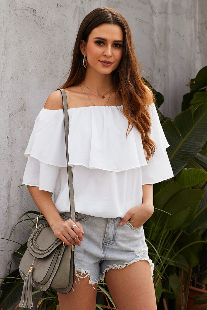 White Soft Breeze Frilling Off-shoulder Top
