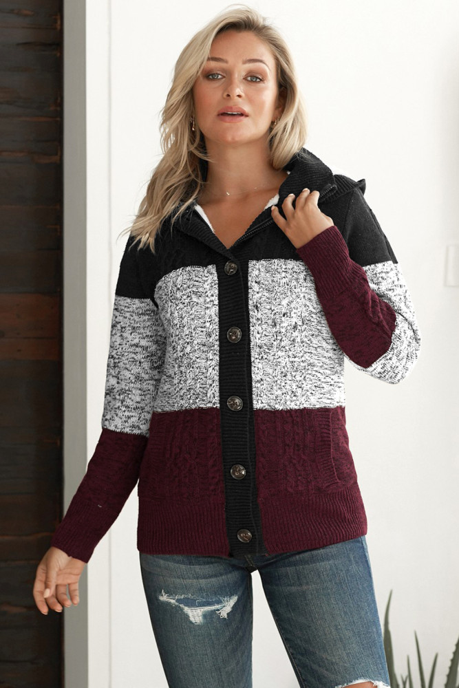 Black Hooded Button Cable Knit Cardigan
