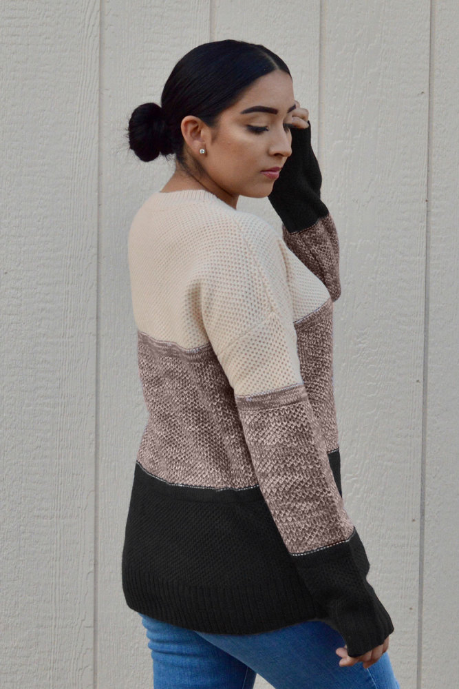 Black Color Block Netted Texture Pullover Sweater