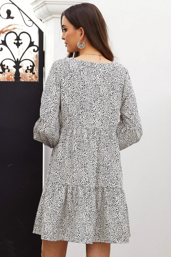 White Leopard Ruffle V-Neck Flowy Loose Tunic Dress
