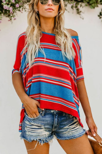 Red Blue White Color Striped Print Loose Shirt