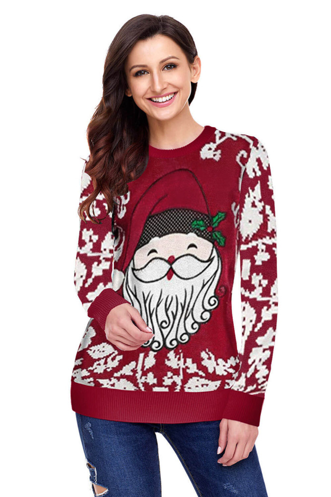 Red Reindeer Santa Clause Cartoon Print Ugly Christmas Sweater