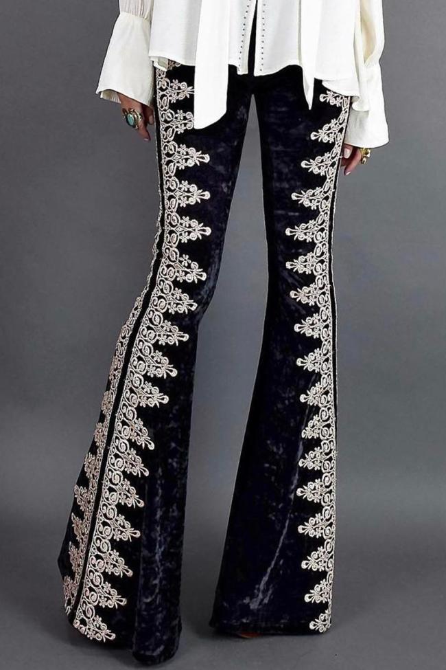 Black Lace Stitching Velvet Flare Pants