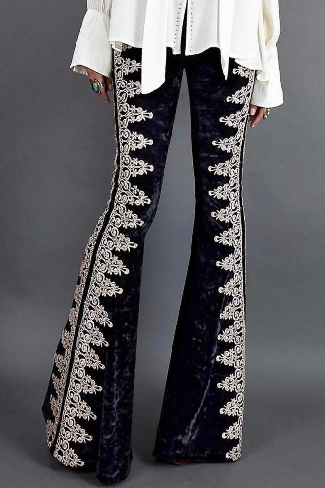 Black Lace Stitching Velvet Flare Pants