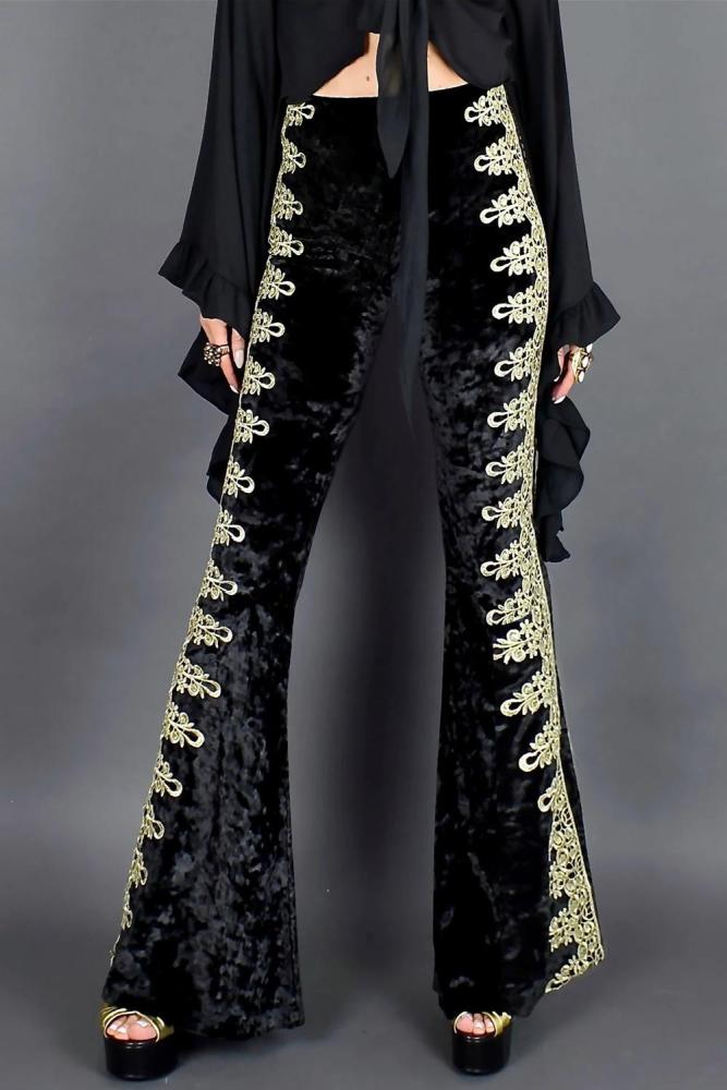 Gold Lace Stitching Velvet Flare Pants