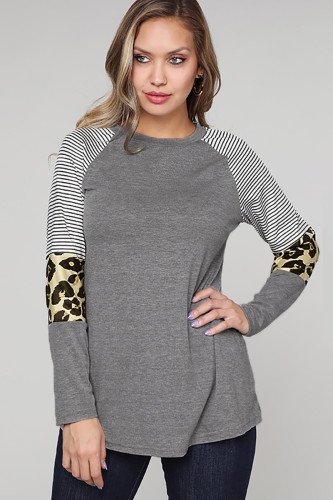 Gray Striped and Leopard Color Block Sleeves Top