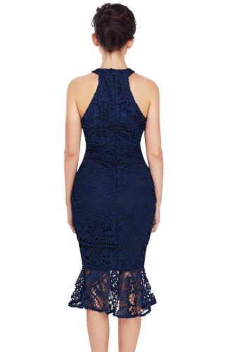 Blue Sleeveless Lace Fishtail Bodycon Dress