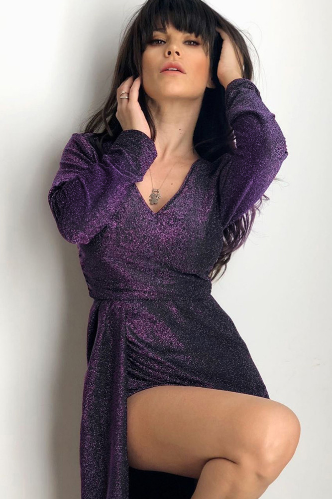 Purple Glitter Ruched Thigh Slit Party Metallic Dress