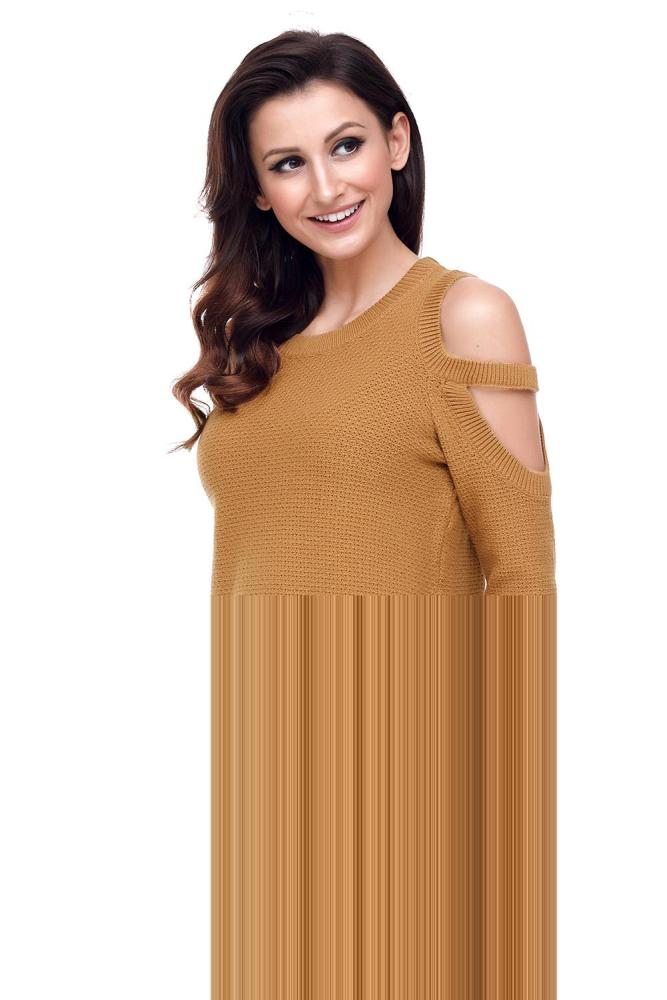 Khaki Strappy Cold Shoulder Textured Sweater Top