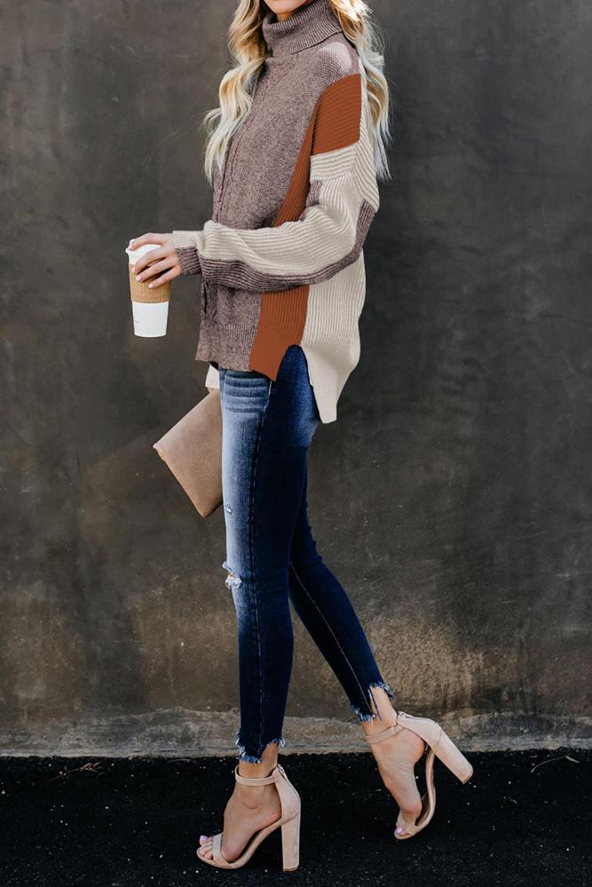 Orange Colorblock Cable Knit Sweater