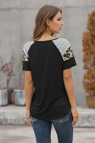 Black Striped Leopard Print Short Sleeve Women T-shirt
