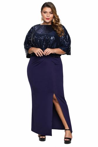 Blue Sequin Cape Plus Size Maxi Dress
