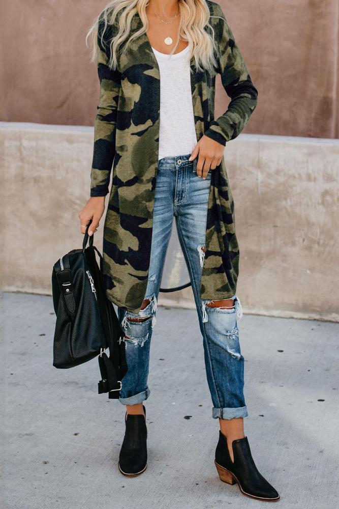 Green Camo Print Long Cardigan