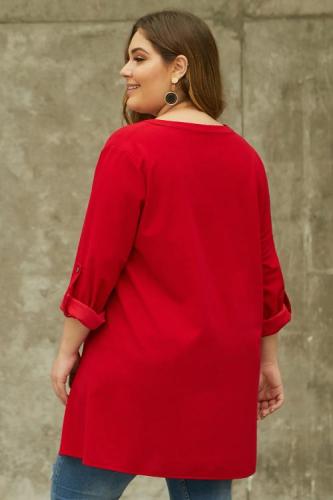 Red V Neck Tab Roll up Sleeve Slits Plus Size Top