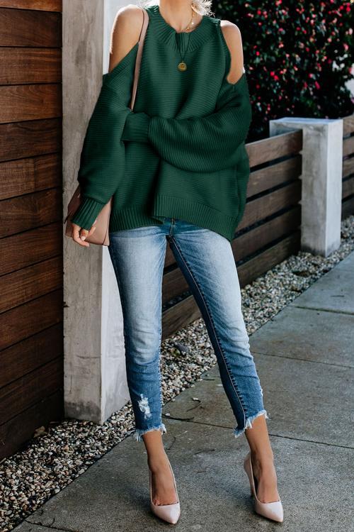 Green Cold Shoulder Pullover Sweater