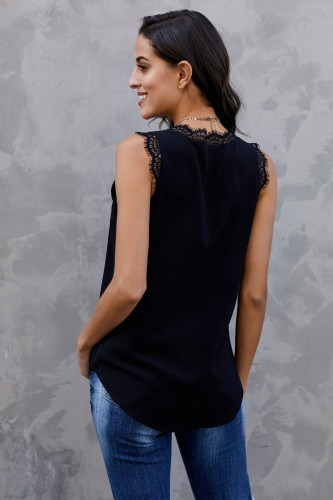 Black Sleeveless Eyelash Lace V Neck Tank Top