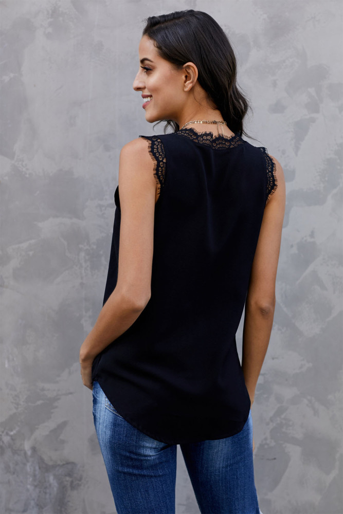 Black Sleeveless Eyelash Lace V Neck Tank Top